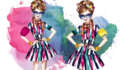 Wall Mural - Colorful Watercolor  Fashion Girl Line Art