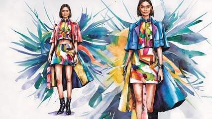 Wall Mural - Colorful Watercolor  Fashion Girl Line Art