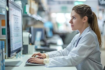 Poster - A woman analyst focused on medical billing in a contemporary office environment.