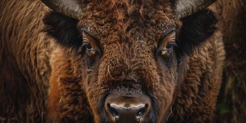 Wall Mural - Close-up portrait of a wild bison in a lush meadow