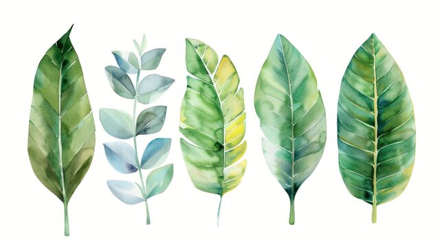 Fresh collection of watercolor green leaves isolated on white