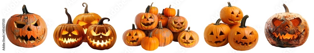 Set of Jack O Lantern Halloween pumpkin in pile single group on ...