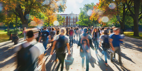 Poster - A crowd of students walking on a sunny college campus in autumn