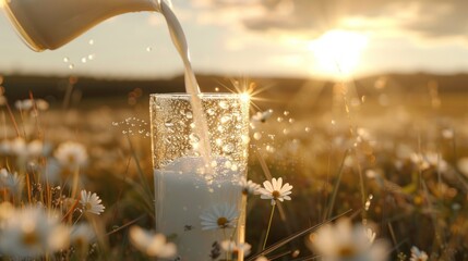 Fresh milk is poured into a glass in a field with sun is shining on the glass beautiful scene