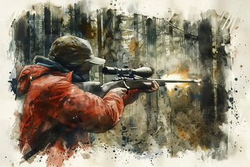 Watercolor painting of a male hunter using a gun in the forest.