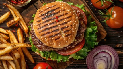 Canvas Print - Close up image of a hamburger featuring grilled pork crisp vegetables cheese tomato slice and fries on a wooden board viewed from above