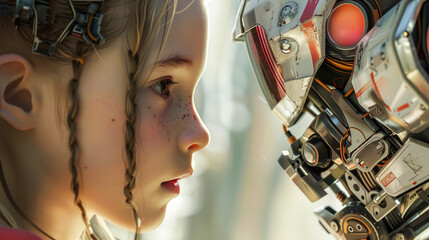 cute little girl stands next to friendly robot. concept of future technology in which ai will become