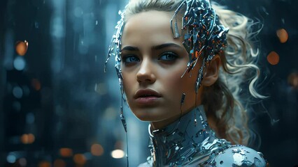 Poster - Connection of human woman and artificial intelligence robot. The concept of merging a person and a computer with neural networks in the future