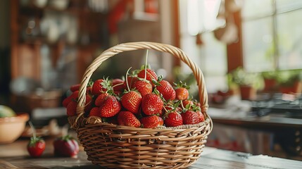 Wall Mural - Close-up_of_a_rustic_basket_filled_with_vibrant_red_organic_Strawberry