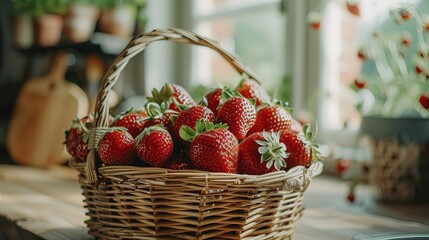 Wall Mural - Close-up_of_a_rustic_basket_filled_with_vibrant_red_organic_Strawberry