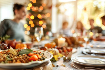 Thanksgiving family vegan lunch, with autumn decoration and plenty of healthy food on the table, with blurred happy people around the table celebrating the holiday.