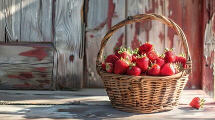 Wall Mural - Full basket with just picked fresh red ripe strawberries on wooden desks with green natural background