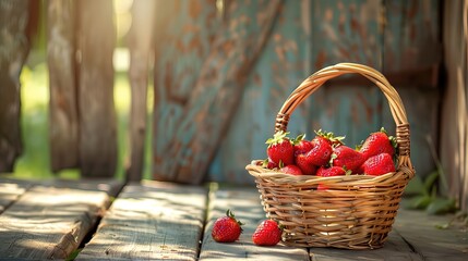 Full basket with just picked fresh red ripe strawberries on wooden desks with green natural background