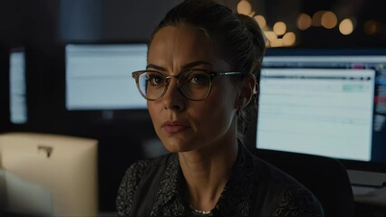 Poster - A woman looking over the top of her computer monitor at the office while working