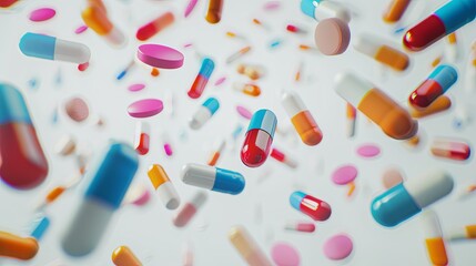 Poster - Close-up photo of colorful pills and capsules on a white background, highlighting texture and details for a clinical feel. Generative AI