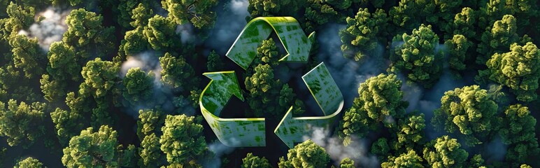 Wall Mural - Recycle symbol on the forest background . Ecological concept. Ecology. Recycle and Zero waste symbol in the untouched jungle for Sustainable environment. AI generated illustration