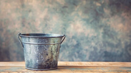 Wall Mural - Rustic metal bucket on a wooden table with a vintage background. Suitable for farmhouse decor or countryside themes.