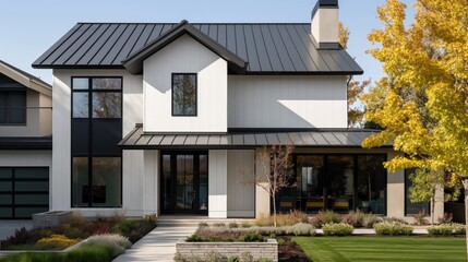 Exterior architecture image of modern white house with grey metallic roof front door porch outdoors on sunny day