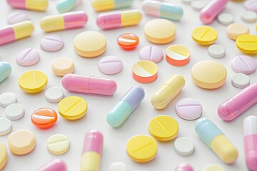 Aufkleber - Close-up photo of colorful pills on white background highlights texture and details, creating a clinical atmosphere. Generative AI