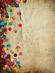 Wall Mural - A playful scattering of colourful confetti on an aged, vintage background, evoking a sense of nostalgia and festive joy with its retro, worn aesthetic.