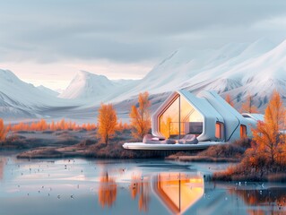 Modern pod home in tranquil autumn mountain landscape at dusk.