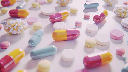 Poster - Close-up photo of colorful pills on white background, highlighting texture and clinical vibe. Generative AI