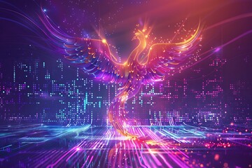 A digital phoenix rising from pixels, its wings spreading innovation across the cyber landscape