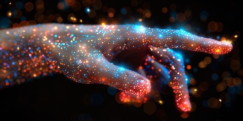 Leinwandbilder - Hand surrounded by glowing digital particles, representing futuristic technology and the seamless interaction of humans with the virtual world, Generative AI