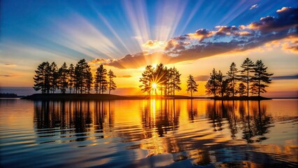 Wall Mural - Sunset rays shining through the silhouettes of trees on the lake's horizon, sunset, trees, lake, nature, peaceful, tranquil