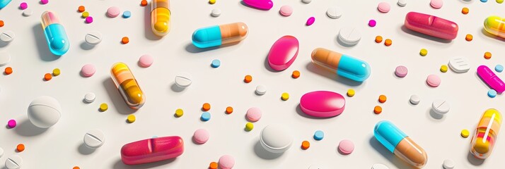 Poster - Close-up of colorful pills and capsules on a white surface, highlighting texture and detail for a clinical feel. Generative AI