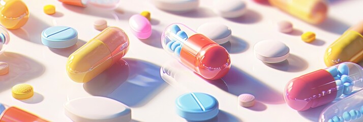 Poster - Close-up of colorful pills and capsules on a white surface, showcasing their texture and detail in a clinical setting. Generative AI