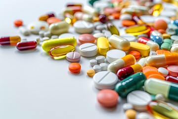 Poster - Close-up shot of colorful pills on a white background highlights textures and details, creating a clinical atmosphere. Generative AI