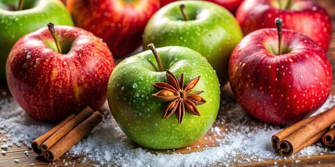 Wall Mural - Close-up photo of red and green apples sprinkled with cinnamon, apples, cinnamon, red, green, fruit, spice, sweet, fresh