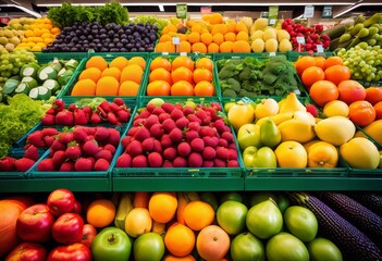 colorful fresh fruits vegetables lively grocery store display, market, assortment, selection, ripe, nutrition, variety, abundance, shopping, food, meal