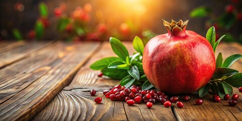 Wall Mural - A fresh pomegranate fruit sitting on a wooden table , Food, healthy, vibrant, beauty, organic, antioxidant, juicy, ripe, colorful