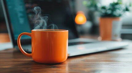 A steaming orange coffee mug on a wooden desk, with a blurred laptop and plant in the background, creating a cozy home office atmosphere.