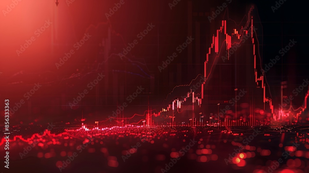 Red financial stock market graph with rising bar chart on dark ...