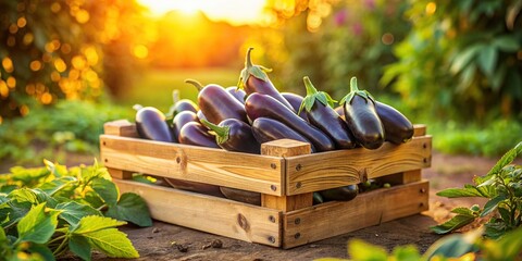 Fresh eggplants in a wooden crate at sunset in a garden, eggplants, fresh, vegetables, wooden crate, sunset, garden