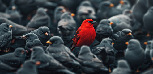 A red bird stands out among grey birds, symbolizing the concept of standing out from the rest and being different in a crowd