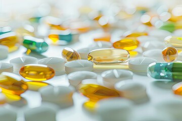 Poster - A close-up image of various colorful pills and capsules scattered on a clean white surface. The focus is on the texture and details of the tablets. Generative AI