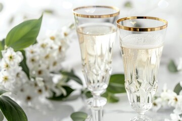 Two crystal glasses with champagne are standing on a white table with white flowers and green leaves for a wedding or anniversary celebration