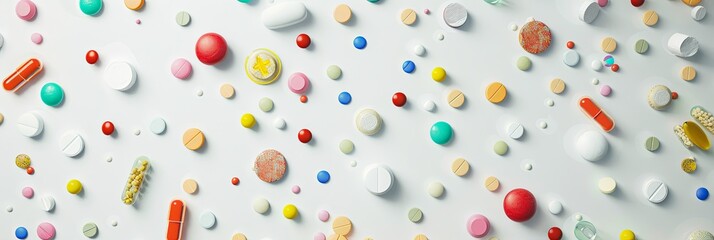 Poster - Close-up of colorful pills and capsules on white background, showcasing textures and details of medications in clinical setting. Generative AI