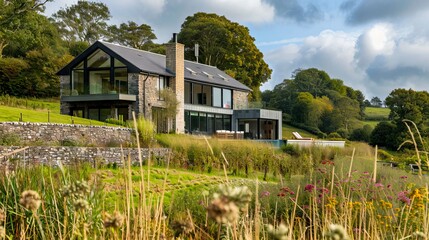 Wall Mural - A modern house sits on a hillside with tall grasses.