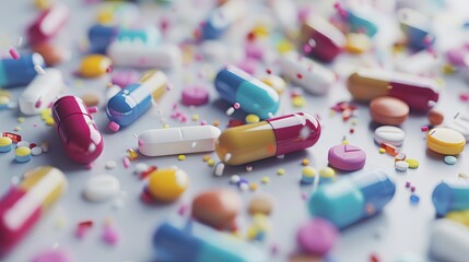 Poster - A close-up image of various colorful pills and capsules scattered on a white surface. Generative AI