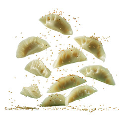 Gyoza Dumplings with Sesame Seeds, isolated on transparent background.