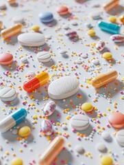 Poster - A close-up view of various colorful pills and capsules scattered on a clean white surface. Generative AI