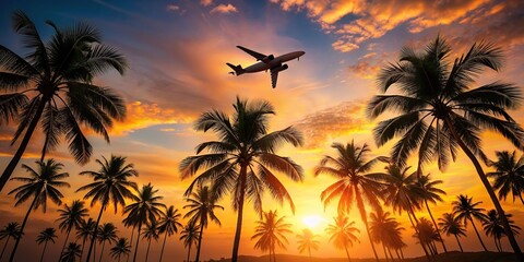 Overhead view of a plane flying among tropical palm silhouettes against a sunset sky, plane, tropical, palm trees