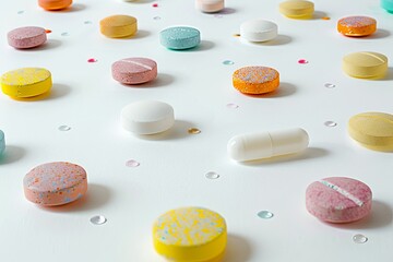 Poster - A close-up shot of various colorful pills and capsules scattered on a clean white background, highlighting the textures and details of the tablets. Generative AI