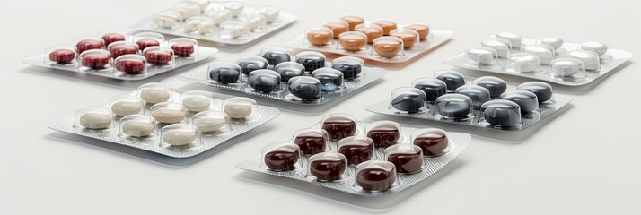 Poster - A close-up view of several blister packs containing various colored pills, arranged neatly on a white surface. Generative AI