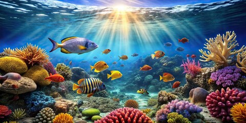 Underwater scene of colorful coral reef and tropical fishes swimming in clear blue water, coral, reef, underwater, sea life